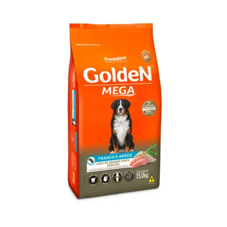 Ração Golden Mega para Cães Adultos de Raças Grandes Sabor Frango e Arroz - 15kg
