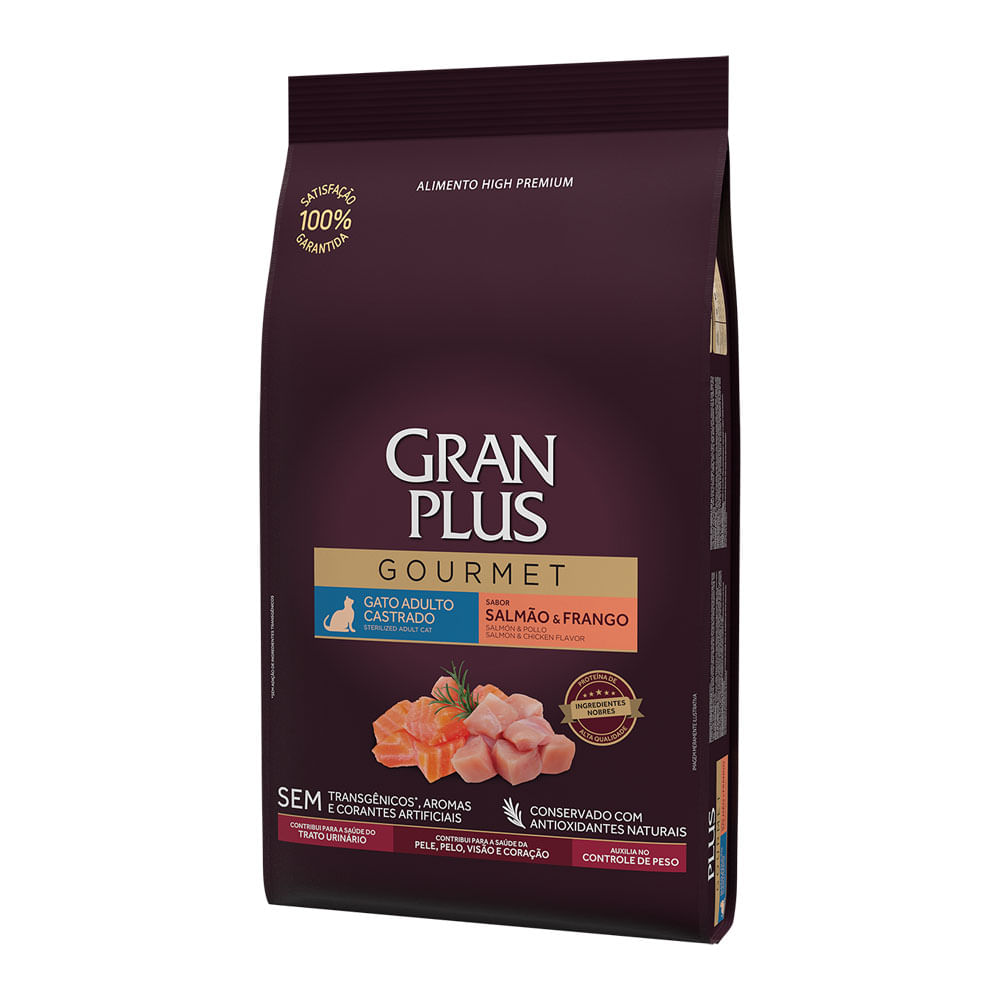 Ração GranPlus Gourmet Gatos Adultos Castrados Salmão e Frango - Imagem 2