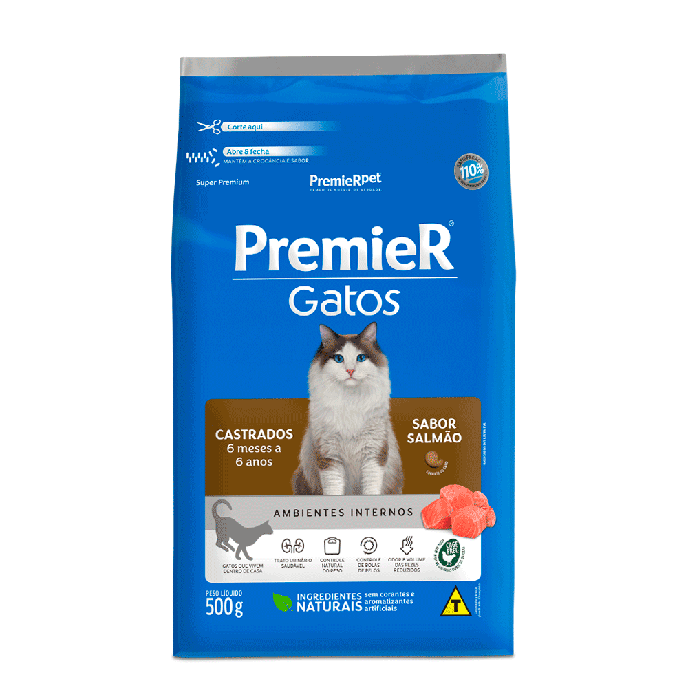 Ração Premier Ambientes Internos Gatos Castrados 6 Meses a 6 Anos Salmão